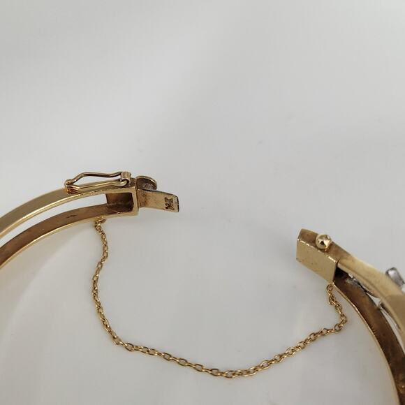 Vintage 14k Two Tone Gold Diamond Pearls Bangle Bracelet - Picture 10 of 14